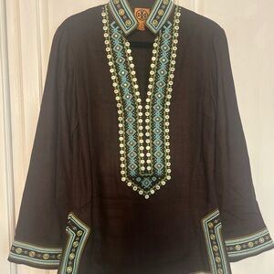 Embroidered Tory Burch brown linen tunic